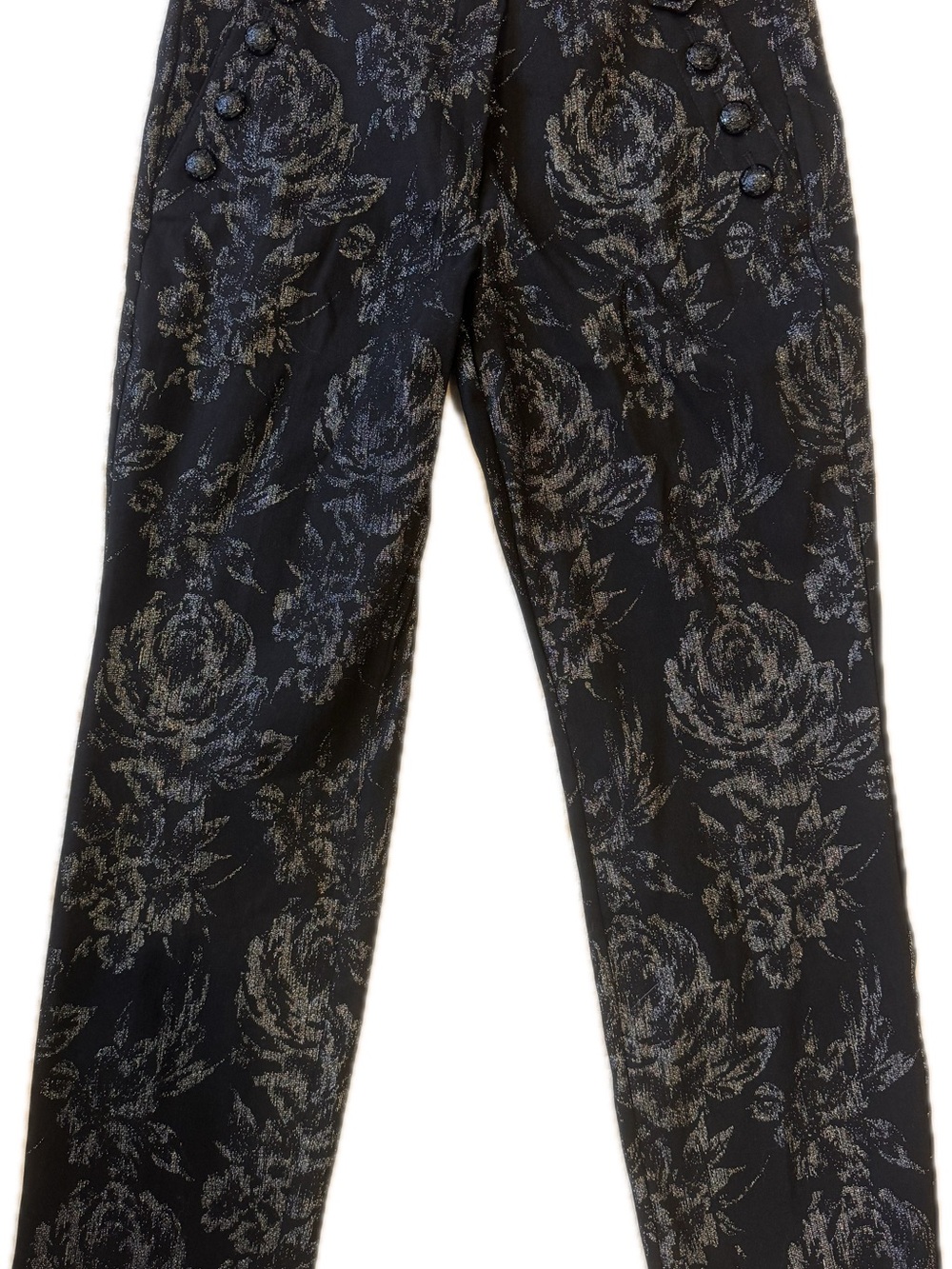 White House Black Market Black Brocade Straight-Leg Pants with Metallic Floral